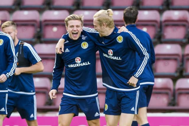 Jason Cummings with Oliver McBurnie during Scotland U21 training at Tynecastle. Picture: Paul Devlin/SNS
