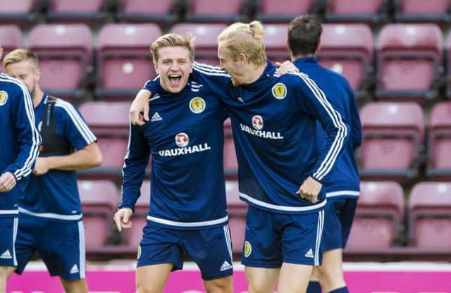 Jason Cummings with Oliver McBurnie during Scotland U21 training at Tynecastle. Picture:  Paul Devlin/SNS