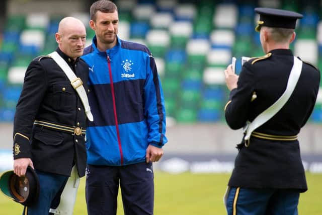 Rangers' injured captain Lee Wallace meets fans at the Jamie Mulgrew Testimonial match in Belfast. Picture: Kris O'Rourke/Rangers FC via Press Association Images