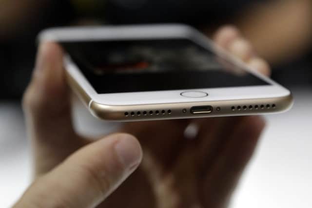The lightning port of the iPhone 7 is shown during an event to announce Apple's new products. Picture: Marcio Jose Sanchez/AP