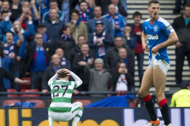Patrick Roberts has his head in his hands after missing a sitter in last season's Old Firm derby. Picture: Ian Rutherford