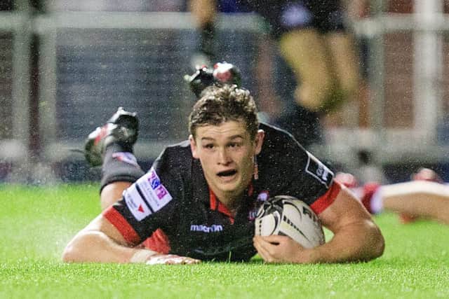 Edinburgh's Magnus Bradbury dives over to score his side's second try of the night. Picture: Graham Stuart/SNS