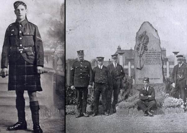 VC recipient Sgt John Meikle and his fellow rail workers with his original memorial. Pictures: Dingwall Museum