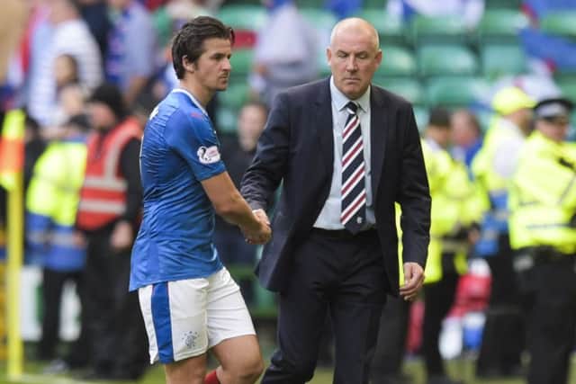 Rangers manager Mark Warburton with Joey Barton at full-time. Picture: Craig Williamson/SNS