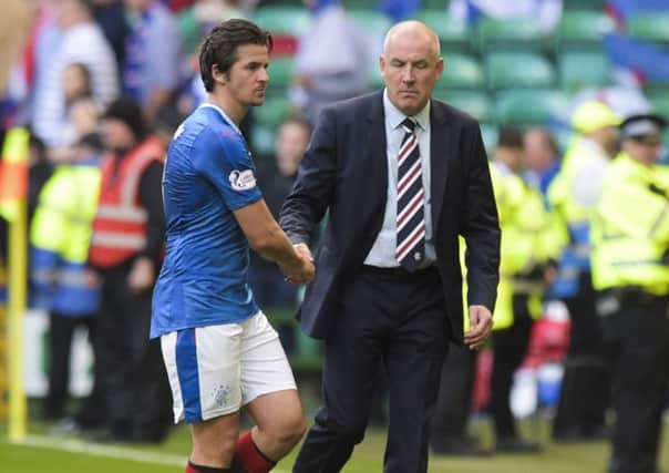 Rangers manager Mark Warburton with Joey Barton at full-time. Picture:  Craig Williamson/SNS