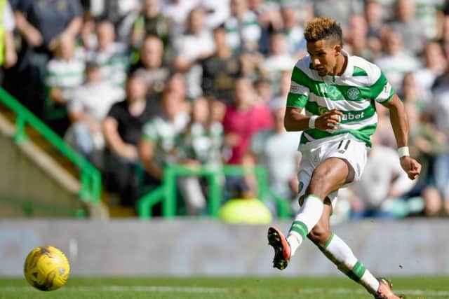 Scott Sinclair scores to put Celtic 3-1 ahead against Rangers. Picture: Jeff J Mitchell/Getty Images