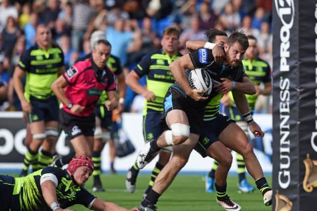Glasgow's Tommy Seymour goes over to score his fourth try. Picture: Gary Hutchison / SNS