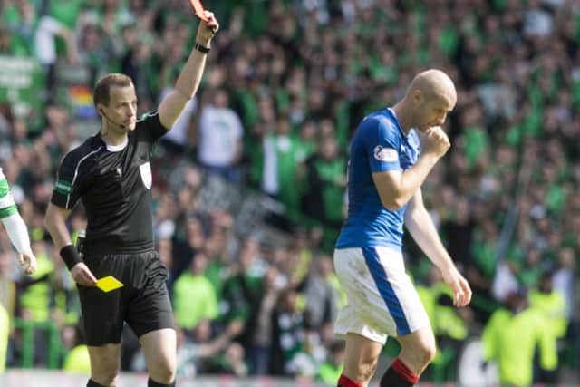 Rangers' Philippe Senderos is sent off for a second booking by referee Willie Collum. Picture: Jeff Holmes/PA Wire