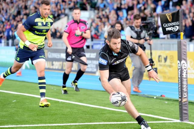Glasgow Warriors' Tommy Seymour goes over for the first of his four tries against Leinster. Picture: Gary Hutchison/SNS