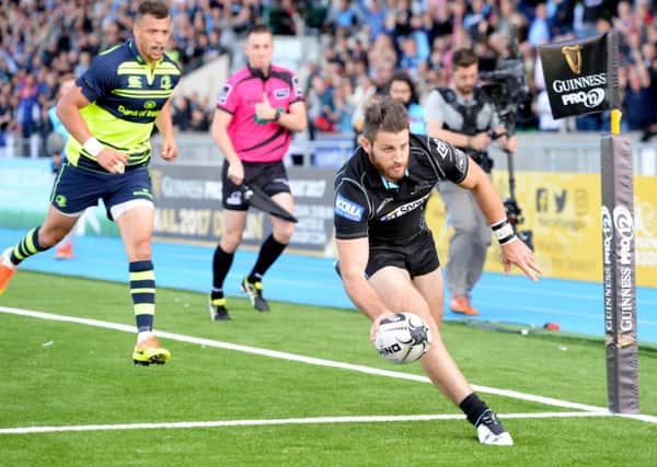 Glasgow Warriors' Tommy Seymour goes over for the first of his four tries against Leinster. Picture: Gary Hutchison/SNS