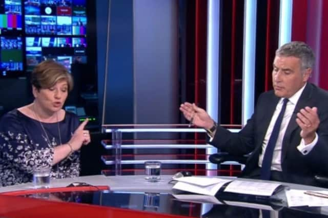 Foreign Secretary Emily Thornberry appears on Murnaghan with Dermot Murnaghan on Sky News and accuses the presenter of sexism after being asked the name of the French foreign minister. Picture: Sky News/PA