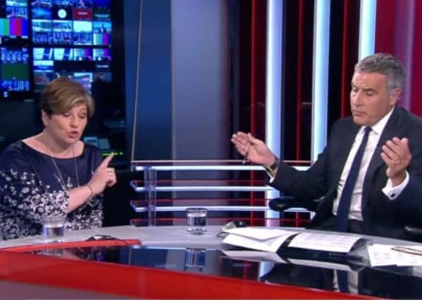 Foreign Secretary Emily Thornberry appears on Murnaghan with Dermot Murnaghan on Sky News and accuses the presenter of sexism after being asked the name of the French foreign minister. Picture: Sky News/PA