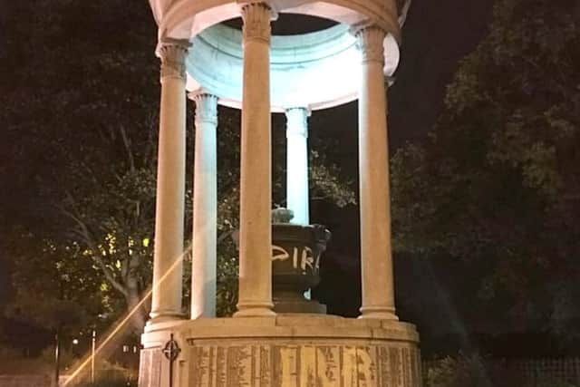A memorial dedicated to World War I soldiers has been targeted by vandals who daubed pro-IRA graffiti over its walls. Picture: SWNS