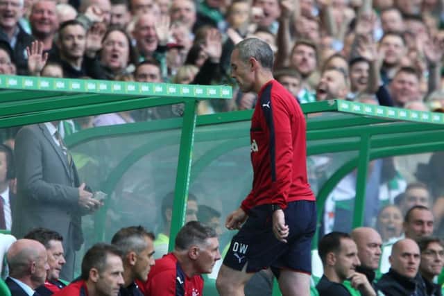 Rangers assistant manager David Weir is sent to the stands by match referee Willie Colburn during the match at Celtic Park. Picture : Andrew Milligan/PA Wire