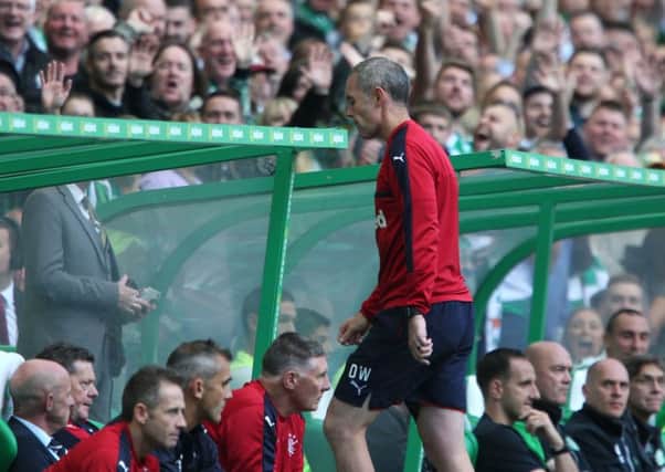 Rangers assistant manager David Weir is sent to the stands by match referee Willie Colburn during the match at Celtic Park. Picture : Andrew Milligan/PA Wire