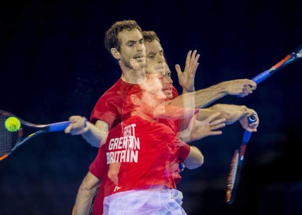 The multi-faceted Andy Murray practising at the Emirates Arena, Glasgow, ahead of Great Britain's Davis Cup semi-final against Argentina. Picture: SNS