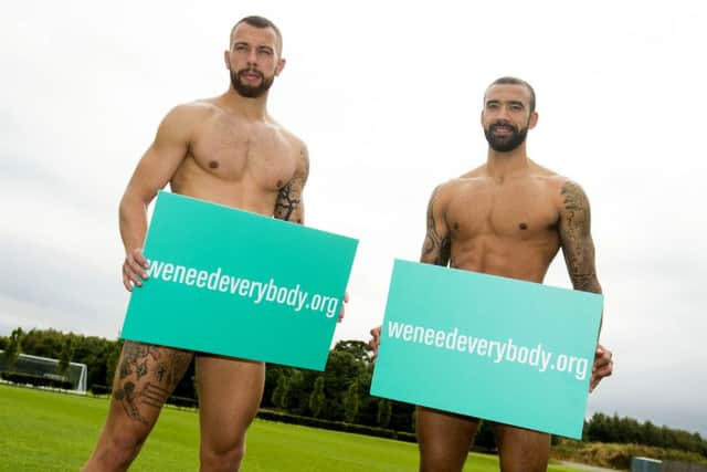 Hibs players Liam Fontane and Jordon Foster strip off in support of a national campaign to increase the number of people in Scotland on the NHS Organ Donor Register.
Picture: Alan Harvey/SNS