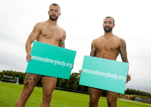 Hibs players Liam Fontane and Jordon Foster strip off in support of a national campaign to increase the number of people in Scotland on the NHS Organ Donor Register. 
Picture: Alan Harvey/SNS