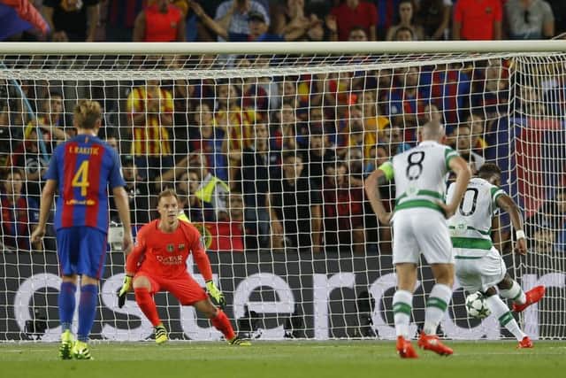 Moussa Dembele strikes the penalty that would be saved by Marc-Andre ter Stegen. Picture: AP