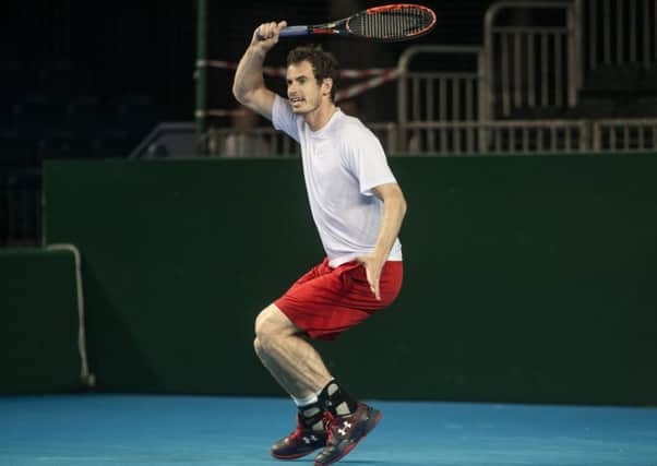 Andy Murray practises at the Emirates Arena ahead of Great Britain's Davis Cup semi-final with Argentina. Picture: John Devlin