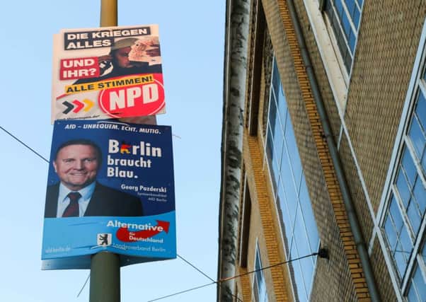 Posters of the right extremist NPD and the populist AfD parties. Picture: AFP/Getty Images