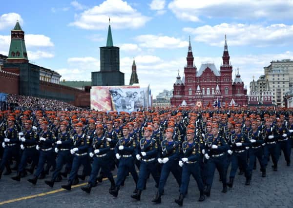 Russian soldiers march at the Red Square during the Victory Day military parade general rehearsal in Moscow in May. Picture: Kirill Kudryavtsev/Getty Images