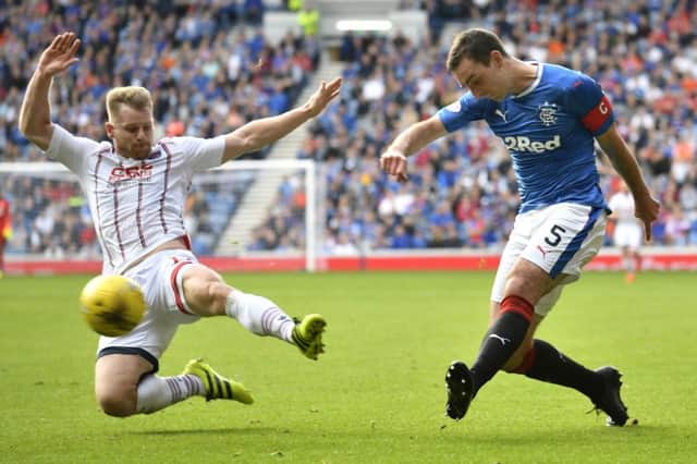Rangers' Lee Wallace (right) is closed down by Jonathan Franks. Picture: SNS