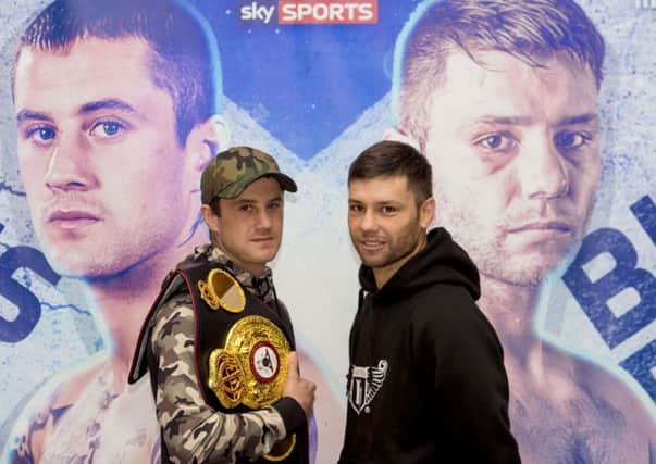 Ricky Burns, left, and Belarusian Kiryl Relikh met in Glasgow yesterday to promote their  7 October fight. Picture: SNS.