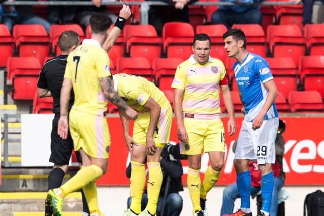 Graham Cummins (right) is shown a yellow card by referee John Beaton. Picture: SNS