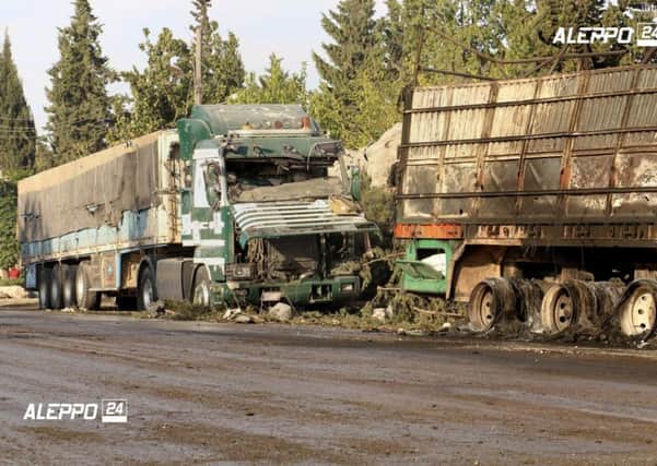 A U.N. humanitarian aid convoy in Syria of 31 lorries was hit by airstrikes near Aleppo. Picture: Aleppo 24 news via AP
