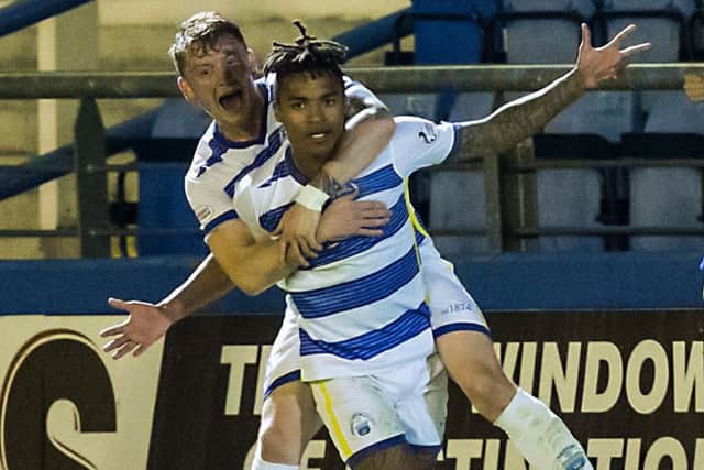 Morton's Jai Quitongo celebrated opens the scoring against Dundee United in the League Cup quarter-final. Picture: Roddy Scott/SNS