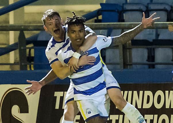 Morton's Jai Quitongo celebrated opens the scoring against Dundee United in the League Cup quarter-final. Picture: Roddy Scott/SNS