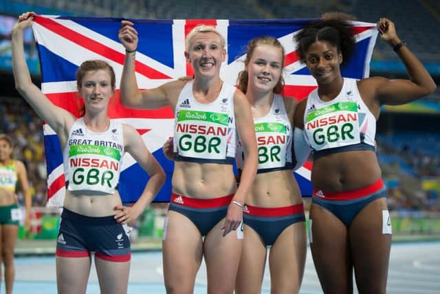From left: Sophie Hahn, Georgina Hermitage, Maria Lyle and Kadeena Cox win silver for ParalympicsGB in the women's 4x100m in Rio. Picture: onEdition