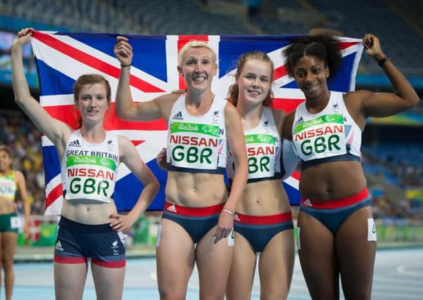 From left: Sophie Hahn, Georgina Hermitage, Maria Lyle and Kadeena Cox win silver for ParalympicsGB in the women's 4x100m in Rio. Picture: onEdition