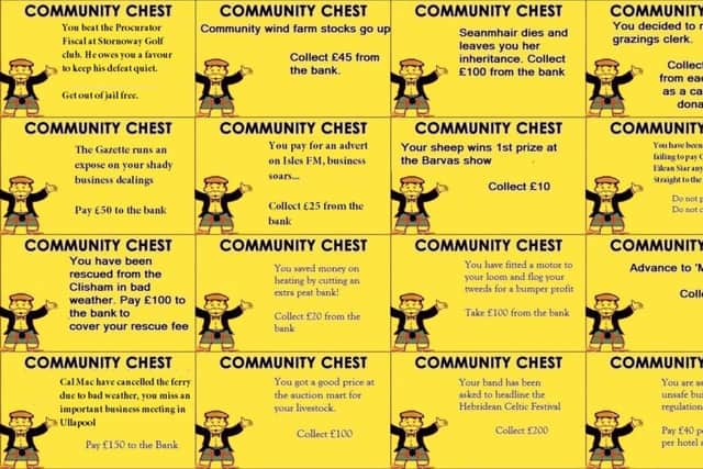 Mocked up Community Chest cards.