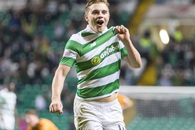 Celtic's James Forrest celebrates his 83rd-minute goal at Celtic Park.