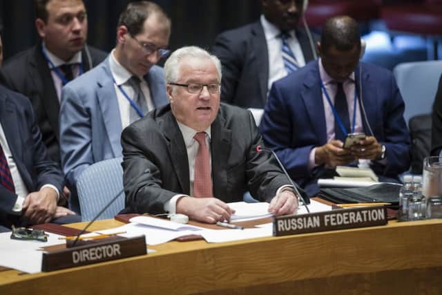 Russia's U.N. Ambassador Vitaly Churkin address a security council meeting on Syria. Picture; AP