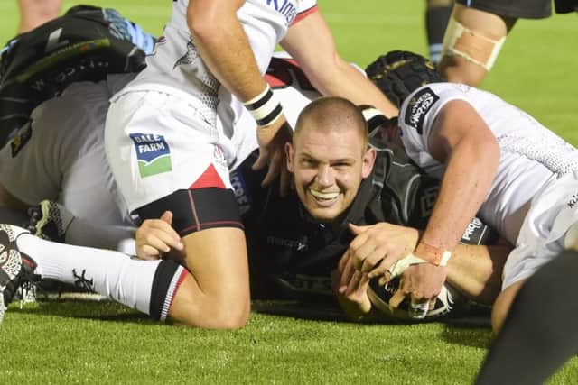 Glasgow Warriors prop Gordon Reid scores his sides first try against Ulster. Picture: SNS.