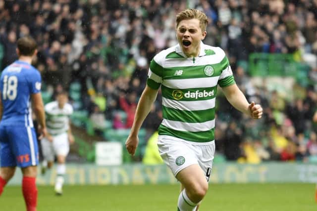 Celtic's James Forrest celebrates having scored his side's third of the match. Picture: SNS