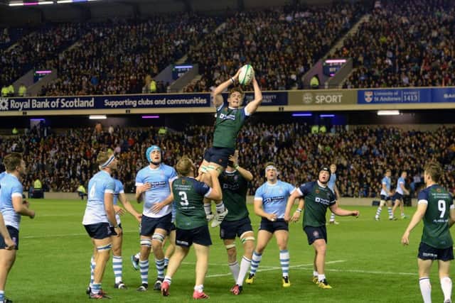 University of Edinburghs Harry Ryan collects the lineout in front of a packed East Stand. Picture: Gary Hutchison/SNS/SRU