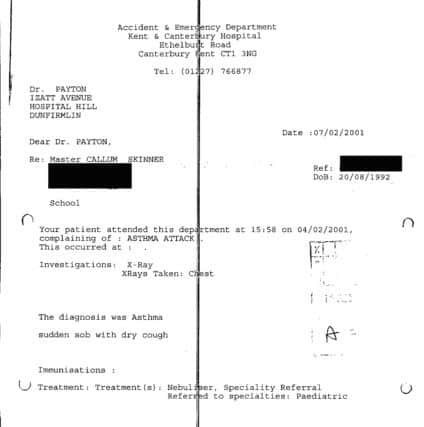 Document shows Callum Skinner's admission to hospital in 2001 following an asthma attack.