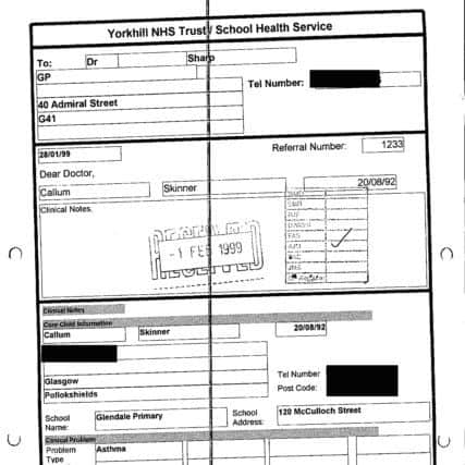 Gold medal winning cyclist Callum Skinner's medical records
, showing Skinner's asthma records at primary school.