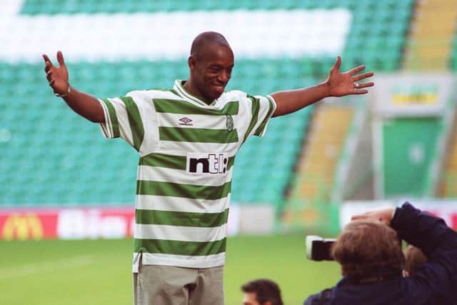 Ian Wright after completing his move to Celtic in 1999. Picture: Allan Milligan/TSPL
