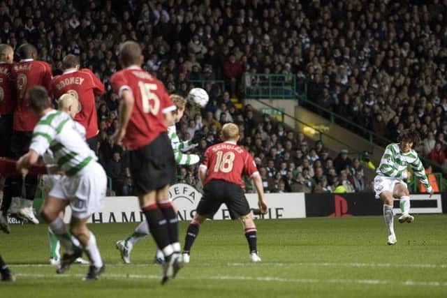 Shunsuke Nakamura scores the only goal of the game from a free-kick against Manchester United in 2006. Picture: SNS.