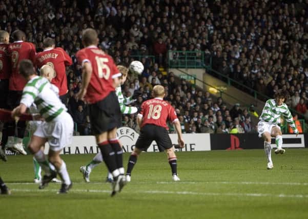 Shunsuke Nakamura scores the only goal of the game from a free-kick against Manchester United in 2006. Picture: SNS.