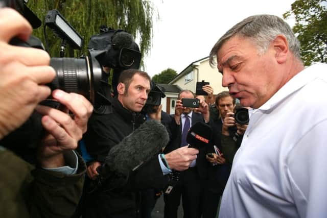 Former England manager Sam Allardyce speaks to the media as he leaves his home in Bolton. Picture: Dave Thompson/Getty