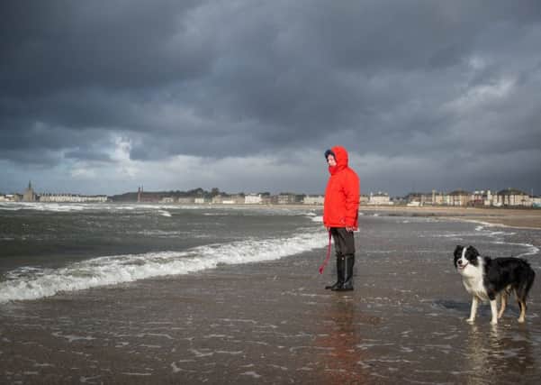 A dog walker and collie brave the gales on saltcoats beach in North Ayrshire yesterday. Picture: John Devlin