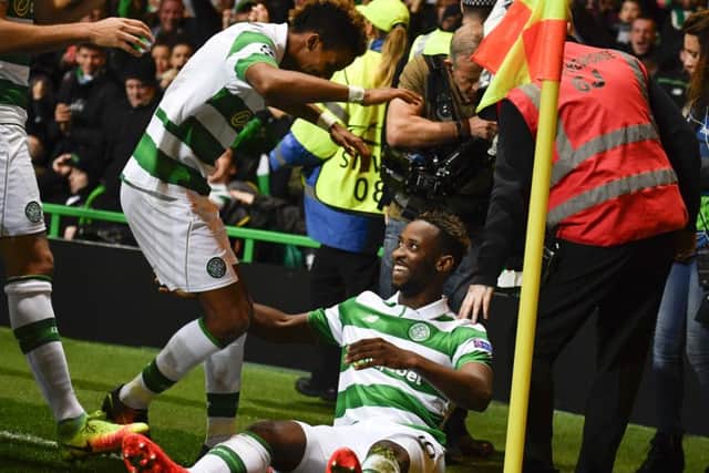 Moussa Dembele celebrates putting Celtic 3-2 ahead but Manchester City fought back to level the match 3-3. Picture: Rob Casey/SNS