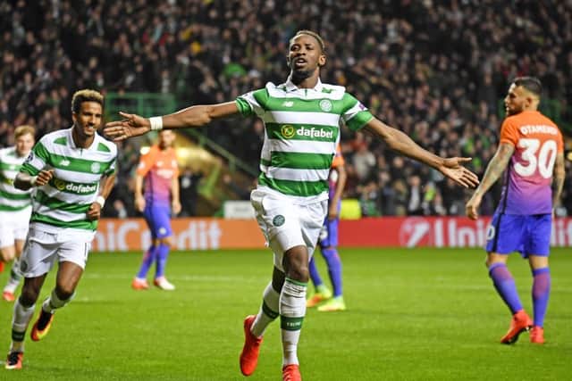 Celtic's Moussa Dembele celebrates putting his side 3-2 ahead against Manchester City. Picture: SNS