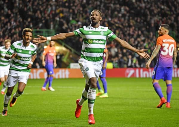 Celtic's Moussa Dembele celebrates putting his side 3-2 ahead against Manchester City. Picture: SNS
